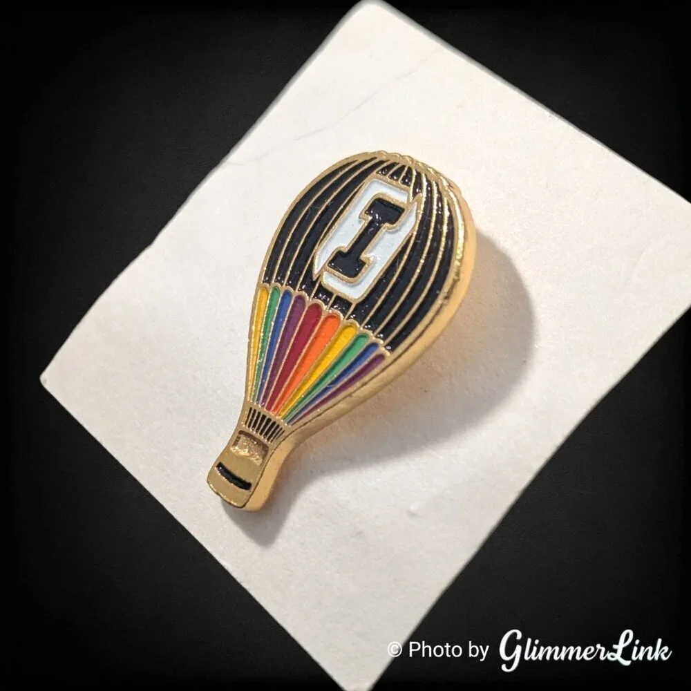 Vintage Hot Air Balloon Enamel Lapel Pin Rainbow Stripes “I” Initial Pin